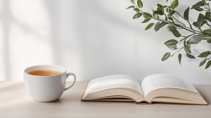 Mindful Serenity Open Book with Herbal Tea on Rustic Wooden Table - Modern Wellness Imagery and Relaxation Stock for Lifestyle Brands and Mindfulness Marketing