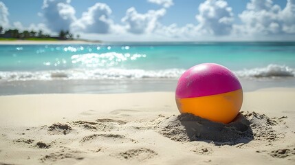 Partially Buried Beach Ball Amid the Sand and Serene Ocean Waves   Tranquil Coastal Scenery for Relaxation and Vacation Concepts