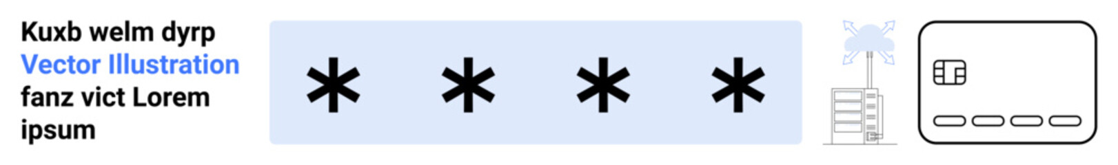 Blue password field with asterisks, secure server icon, key card access, gray server building. Ideal for cybersecurity, web authentication, secure access, data protection, technology services server