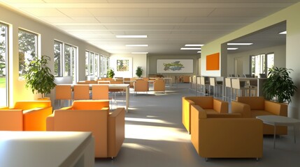 Bright, modern office space with seating and large windows.