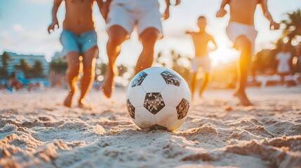Energetic family playing an enthusiastic game of soccer together on the sandy beach during the golden hour sunset