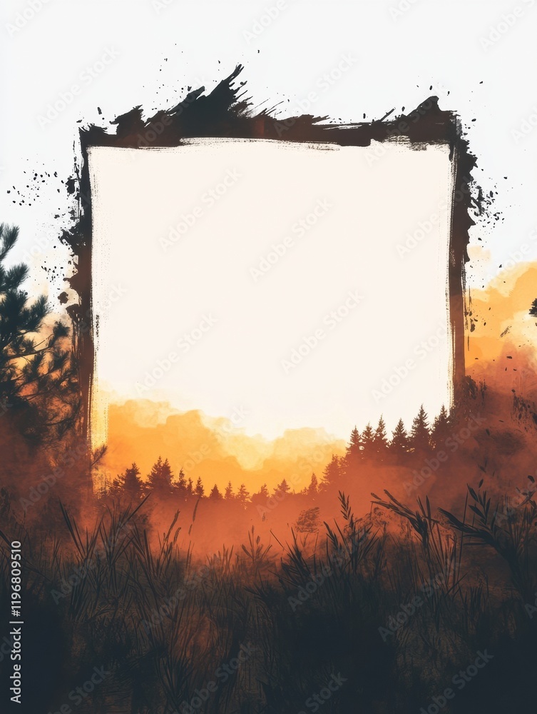 Poster Empty frame in a serene sunset landscape offering space for text and creativity in a tranquil nature setting. Generative AI