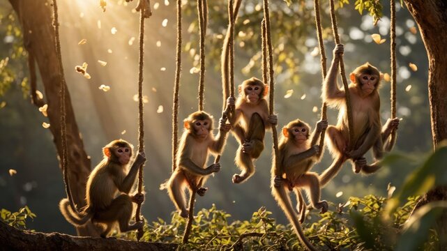 Five monkeys playfully swinging on ropes in a sunlit forest.