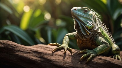 Fototapeta premium A vibrant iguana perched on a log, surrounded by lush greenery and soft sunlight.