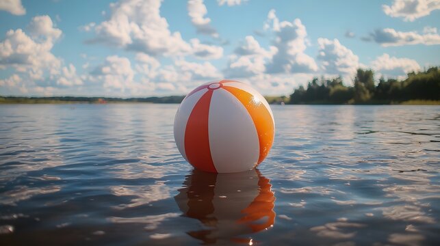 Vibrant inflatable beach ball playfully floating on the calm serene surface of a tranquil sea with a picturesque cloudy sky and natural landscape reflected in the water