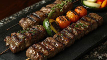 Grilled meat skewers with vegetables on a dark stone platter