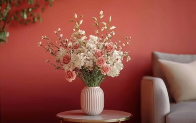 Fototapeta premium Modern living room with dusty rose walls and a soft gray sofa, styled with a round gold side table and a tall vase of fresh flowers, empty room, copy space background