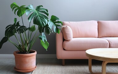 Modern living room with light stone gray walls and a pale blush sofa, complemented by a low natural wood coffee table and a monstera plant in a terracotta planter, copy space background