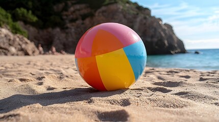 Obraz premium Vibrant and Colorful Beach Ball Rolling Playfully Along the Sandy Tropical Beach in the Warm Summer Sunshine Evoking a Sense of Carefree Fun and Relaxation