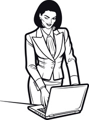 line art in a bold line of successful businesswoman in business clothes using laptop no color background color white 3.eps