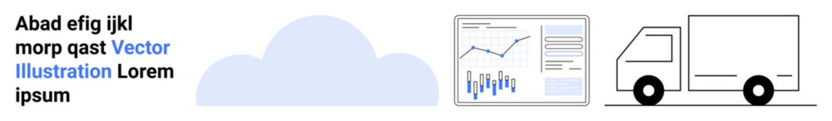 Analytics dashboard, cloud icon, and logistics truck representing data analysis, cloud computing, and transportation. Ideal for business intelligence, technology, logistics, transportation