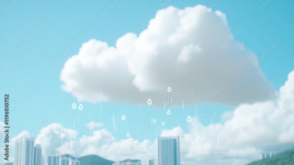 Poster digital pastel weather forecast display soft clouds and raindrop icons over south korean city skylin