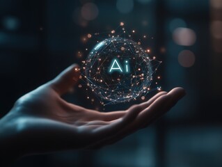 Artificial Intelligence sphere in human hand