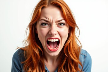 Angry Young Woman with Red Hair Screaming Emotional Expression Close up Portrait