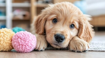 Golden Retriever puppy resting, home interior, playful toys