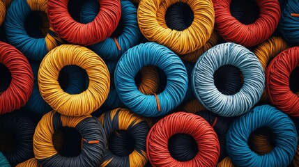 Colorful coiled cords, tightly wound, vibrant hues.