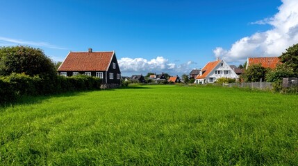 Houses and green field on sunny day