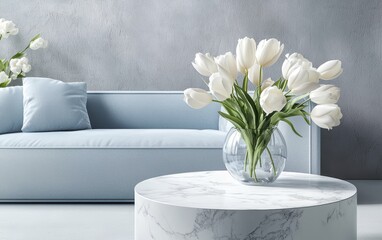 Modern living room with soft pastel gray walls and a light blue sofa, styled with a round white marble side table and a vase of white tulips, copy space background