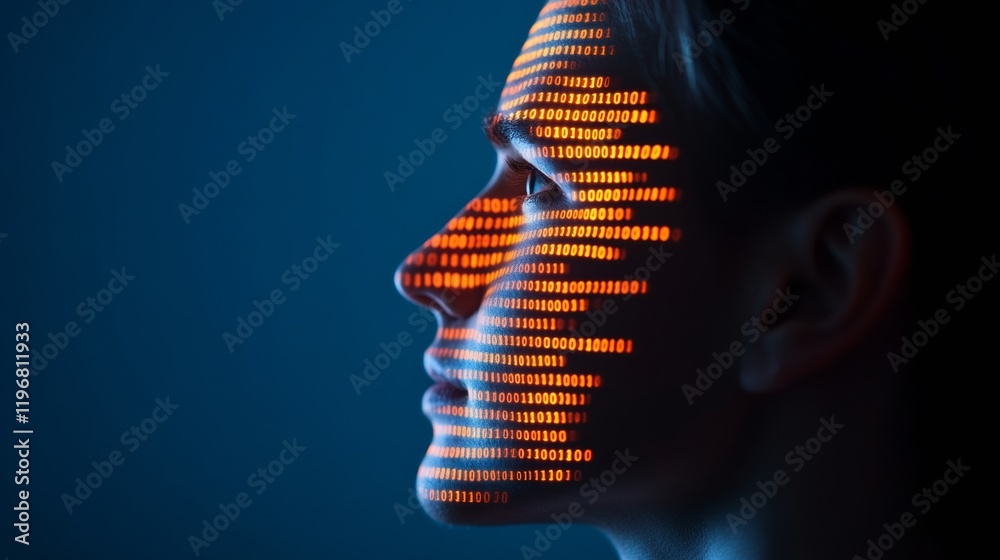 Poster Futuristic Male Silhouette with Binary Overlays Illuminated Digital Patterns for AI-Driven Innovation and Intelligence in Technology Marketing and Professional Branding