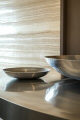 Two metallic bowls sit on reflective surface.