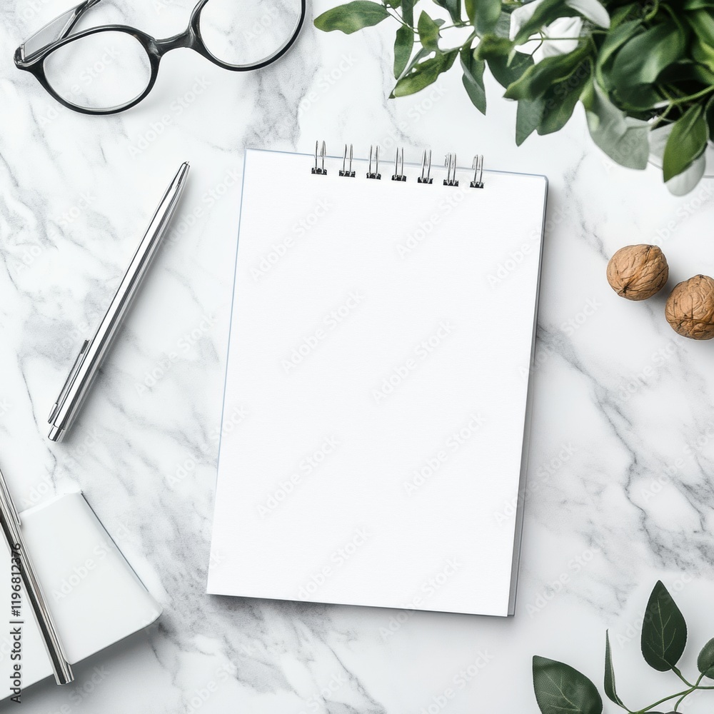 Poster blank notepad on marble table surrounded by glasses, pen, and walnuts in a bright and inviting works