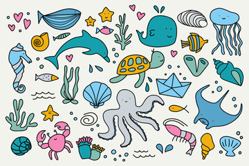 Fototapeta premium Doodle sea animals. Cute ocean life elements and marine fish, funny underwater wildlife characters, colorful cartoon aquarium creatures starfish crab turtle seahorse. Vector isolated set