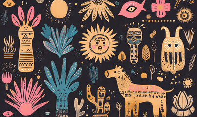 Collection of Tile Patterns Featuring Intricate Geometric and Floral Motifs, Hand-Drawn Doodles, and Traditional Ethnic Designs in Muted and Vibrant Color Palettes