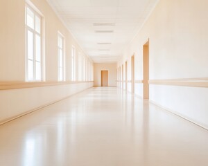Obraz premium Serene Wellness Corridor Modern Hospital Design with Natural Light and Clean Lines for Optimal Senior Healthcare Engagement in Active Aging Environments