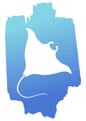 Ilustración de vida marina. Silueta de manta raya gigante en trazo de pincel de pintura azul © teracreonte