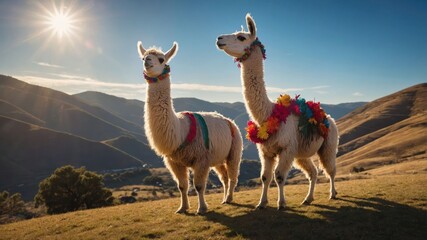 Two llamas adorned with colorful garlands stand on a hillside under a bright sun.