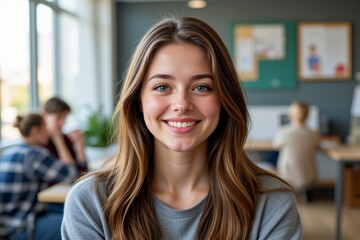 Obraz premium Confident Young Woman Smiling Portrait Casual Office Background