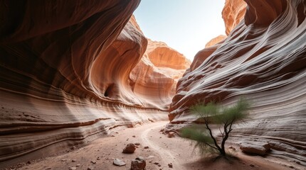 Cliffs of Wadi Disah canyon in Saudi Arabia, creating a mystic enchanting environment with gentle color contrasts and ethereal quality