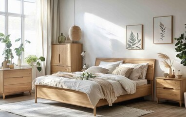 Modern Scandinavian bedroom with light wood furniture, white walls, and a cozy atmosphere