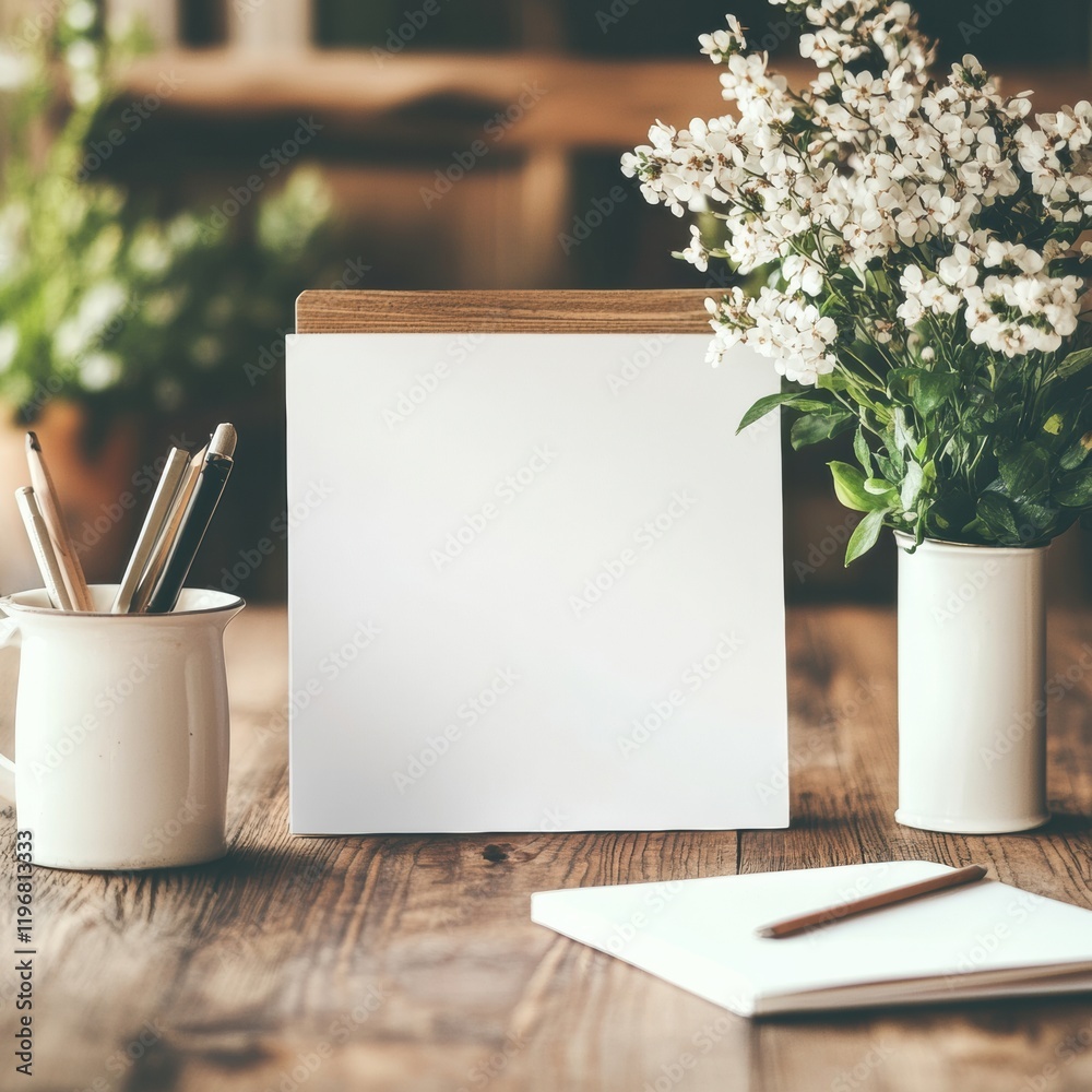Poster space for creativity and notes with fresh flowers on a rustic wooden table. generative ai