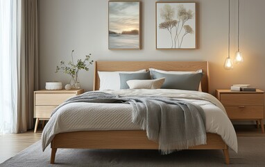 Scandinavian bedroom with clean lines, light wood nightstands, and soft ambient lighting