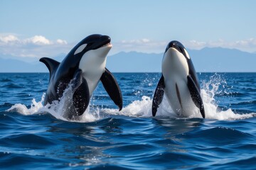 Naklejka premium Two Orcas Breaching Ocean Water Wildlife Nature Scene Dramatic Ocean Wildlife