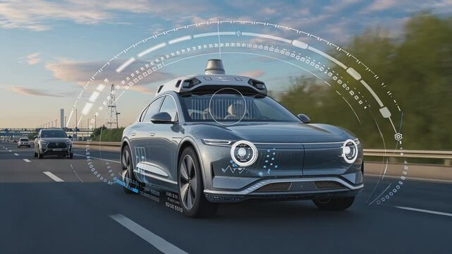A sleek, silver electric car drives autonomously on a highway.