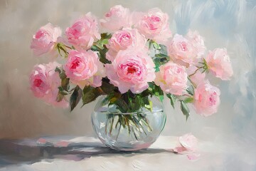 Fototapeta premium Delicate Pink Roses in a Glass Vase, a Peaceful Still Life