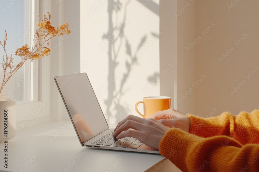 Poster sunlit minimalist workspace remote work essentials with laptop and coffee for modern productivity - 