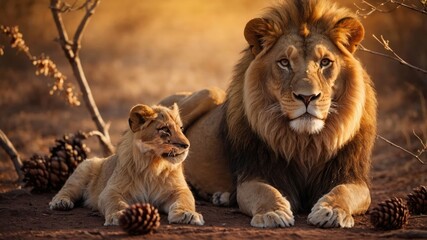 A lion and a cub resting together in a serene natural setting.