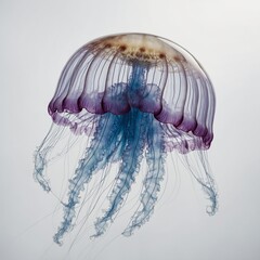 A realistic depiction of a moon jellyfish with its transparent body and radial symmetry on a pure white background.