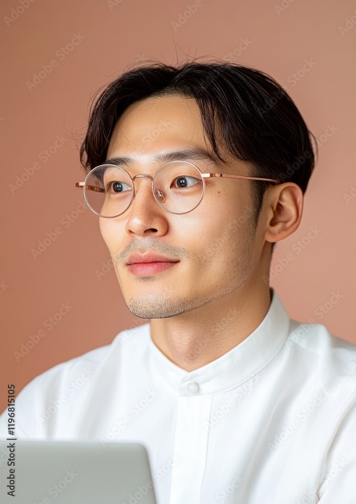 Poster minimalist digital focus young asian professional with modern eyewear in a tech-driven workspace - e