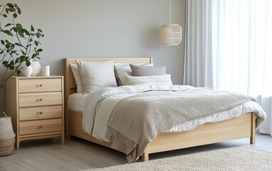 Scandinavian bedroom with soft neutral tones, a simple light wood dresser, and a minimalist vibe