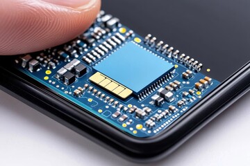 A close-up of a finger touching a smartphone's circuit board, showcasing intricate electronic components and a blue chip.