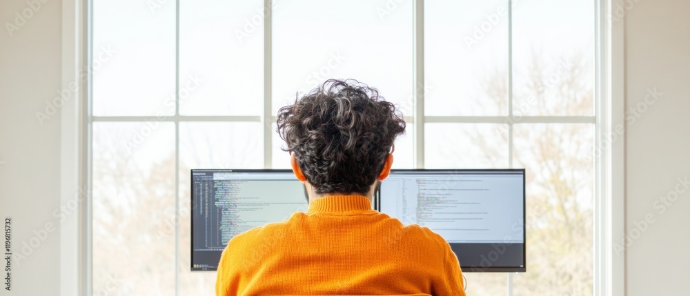 Aufkleber Modern Coworking E-Learning Dual-Monitor Code and Lecture Setup in Bright Workspace - Professional Growth and Virtual Education for Indian Developers in Tech Innovation
