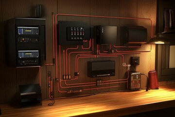 Obraz premium Intricate electronics, glowing wires, wooden wall.