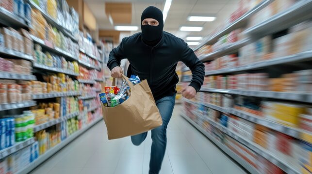 Masked thief running down grocery store aisle with a bag of stolen goods, symbolizing theft and shoplifting.