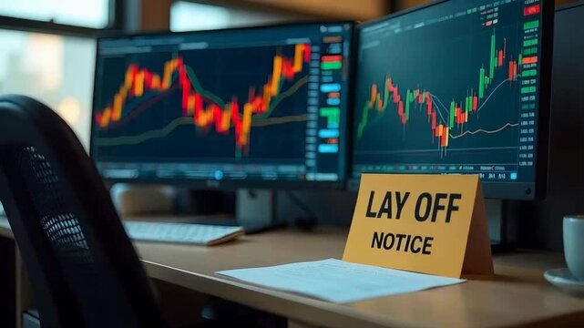 An office cubicle with a 'Lay Off Notice' on the desk conveying a sense of uncertainty in employment.