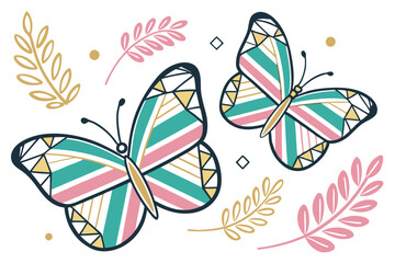 Colorful butterfly illustrations, geometric patterns, vibrant wings, gold accents, stylized insects, pastel color palette, modern graphic design, minimalist composition, symmetrical shapes, nature-ins