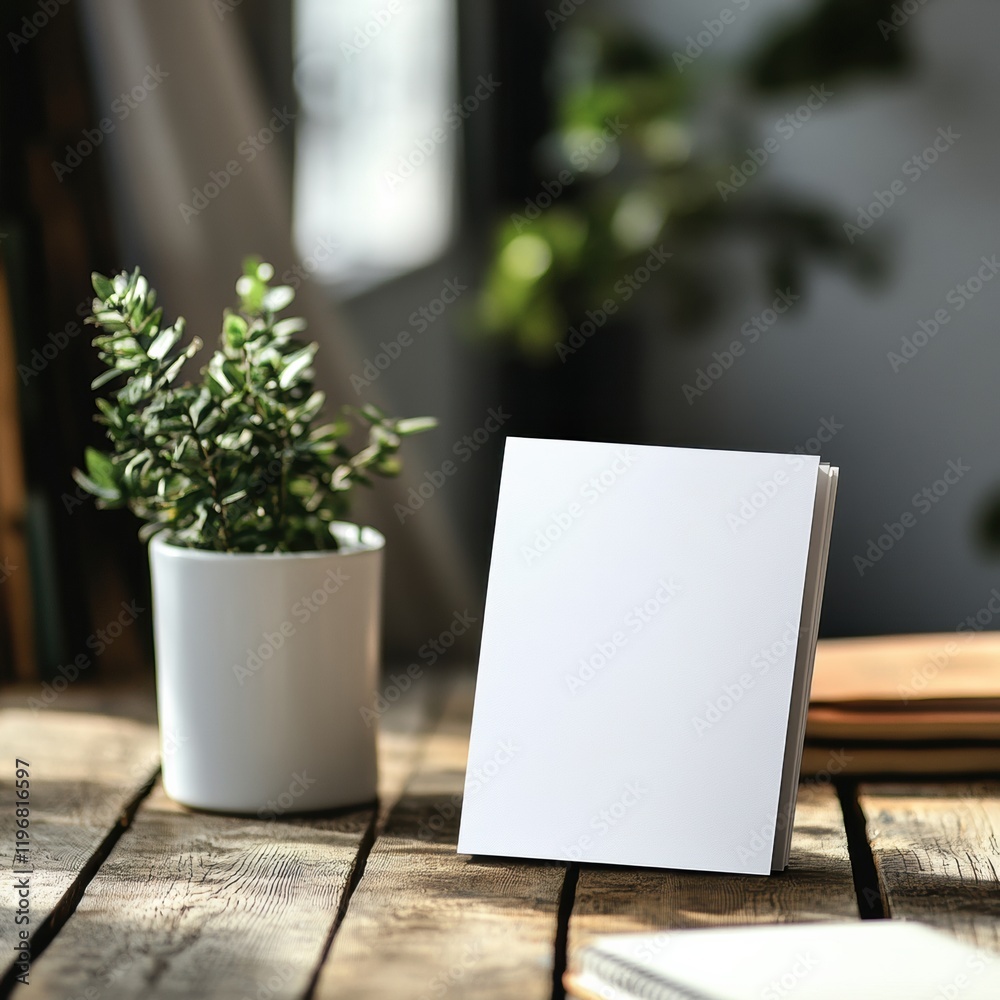 Leinwandbilder Mock up of a blank notebook and a potted plant on a rustic wooden table for creative projects. Generative AI